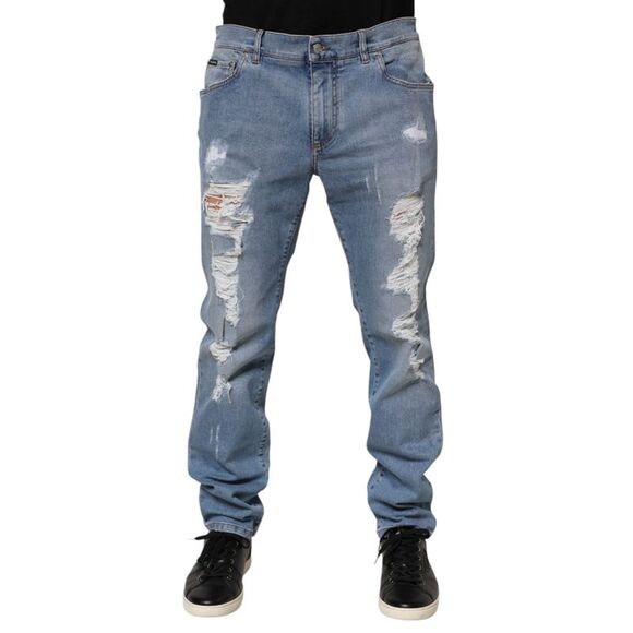 Dolce Gabbana Blue Tattered Slim Fit Cotton Denim Men's Jeans